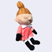 Plush doll of Little My, a character with a sassy, closed eye expression, tall ponytail and pink dress.