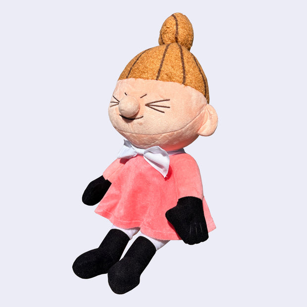 Plush doll of Little My, a character with a sassy, closed eye expression, tall ponytail and pink dress.