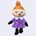 Plush doll of Little My, a character with a frowning expression, looking down. She has a tall ponytail and purple dress.
