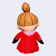 Plush doll of Little My, a character with a sassy expression, looking off to the side. She has a  tall ponytail and red dress. Back view.