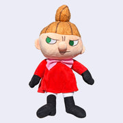 Plush doll of Little My, a character with a sassy expression, looking off to the side. She has a  tall ponytail and red dress.
