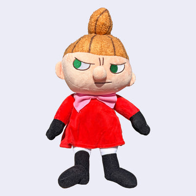 Plush doll of Little My, a character with a sassy expression, looking off to the side. She has a  tall ponytail and red dress.
