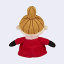 Plush doll of Little My from Moomin with a top ponytail, a red dress and a tiny pink bowtie with a mischievous expression.