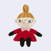 Plush doll of Little My from Moomin with a top ponytail, a red dress and a tiny pink bowtie with a mischievous expression.