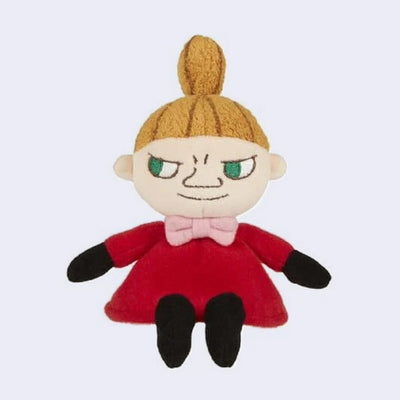 Plush doll of Little My from Moomin with a top ponytail, a red dress and a tiny pink bowtie with a mischievous expression.