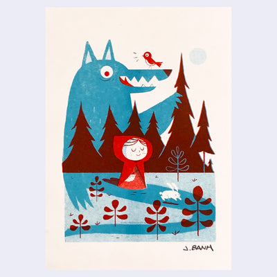 Blue and red ink risograph print of Little Red Riding Hood walking in an open path with a bunny in front and a large smiling wolf behind.