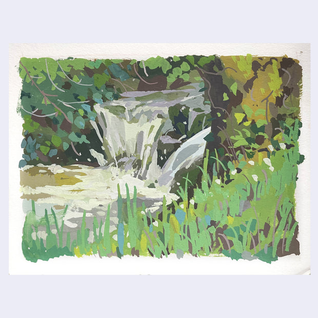 Plein air painting of a waterfall, framed by lush greenery and many leafed trees.