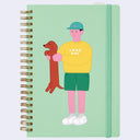 A mint green spiral-bound notebook with a gold wire coil binding and an elastic closure, featuring a flat illustration of a person in a yellow sweatshirt and green shorts holding a brown dachshund on the front cover.