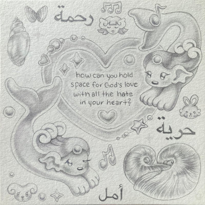 Pencil sketch of a heart with text within it and 2 cutesy mermaid creatures swimming around it.