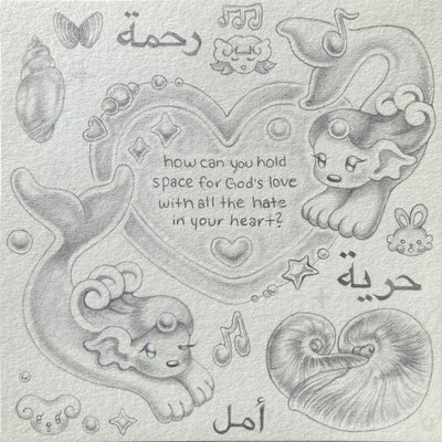 Pencil sketch of a heart with text within it and 2 cutesy mermaid creatures swimming around it.