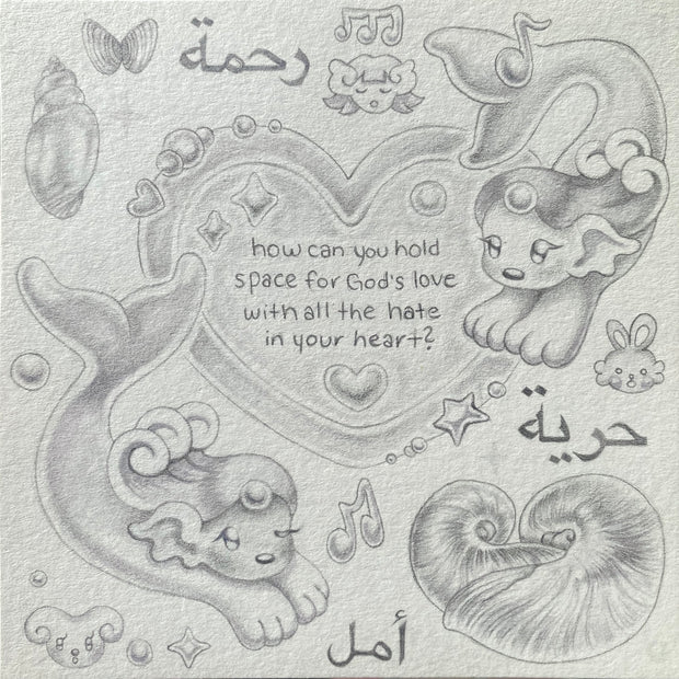 Pencil sketch of a heart with text within it and 2 cutesy mermaid creatures swimming around it.