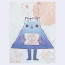 Painting of an anthropomorphized mountain standing and holding a sign that reads "love and peace" with a heart shaped peace sign.