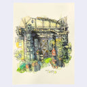 Watercolor and ink illustration of a tiki bar, seen from its front exterior. It has lots of greenery and tiki figurines made out of wood, with a wood entranceway.