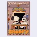 Cartoon style illustration of 2 dogs sitting at a table, playing cards under a hanging light. Dogs look like Snoopy and his brother Olaf. A row of cards acts as a top border and below is stylized text that reads "Snoopy."
