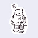 White die cut sticker of a white bear inside a robot suit, holding the robot's head in its hands. Only visible part of the bear is its head, featuring a small speech bubble that reads "hi".