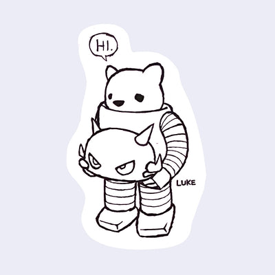 White die cut sticker of a white bear inside a robot suit, holding the robot's head in its hands. Only visible part of the bear is its head, featuring a small speech bubble that reads "hi".