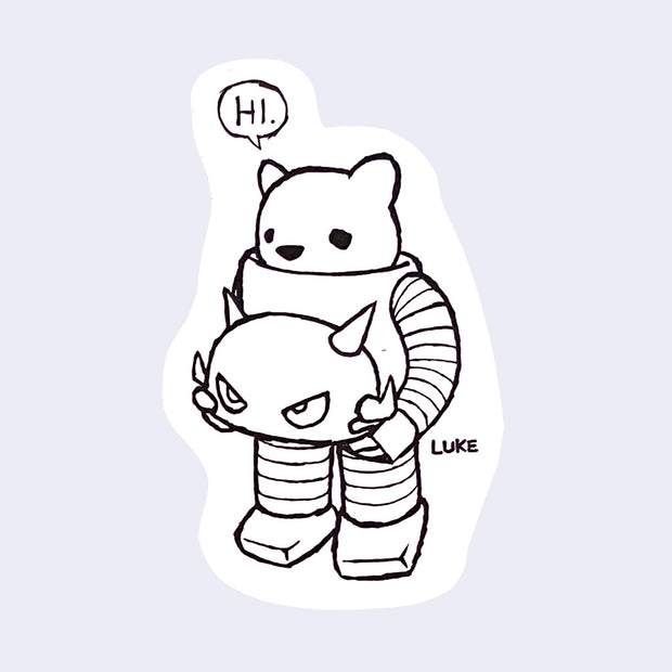 White die cut sticker of a white bear inside a robot suit, holding the robot's head in its hands. Only visible part of the bear is its head, featuring a small speech bubble that reads "hi".