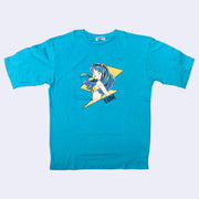 Teal blue t-shirt featuring a graphic of a lightning bold with "Lum" written under it. Coming out of the borders of the lightning bolt is Lum from Urusei Yatsura, smiling and looking back over her shoulders.