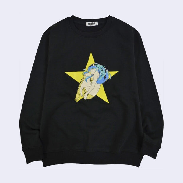 Black pull over sweater featuring a graphic of Lum from Urusei Yatsura, a human like girl with tiger striped bikini top, bikini bottom and boots. Her hair is blue and she is laying, with a yellow star behind her. 
