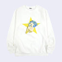 White pull over sweater featuring a graphic of Lum from Urusei Yatsura, a human like girl with tiger striped bikini top, bikini bottom and boots. Her hair is blue and she is laying while slightly curled up, with a yellow star behind her.