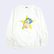 White pull over sweater featuring a graphic of Lum from Urusei Yatsura, a human like girl with tiger striped bikini top, bikini bottom and boots. Her hair is blue and she is laying while slightly curled up, with a yellow star behind her.