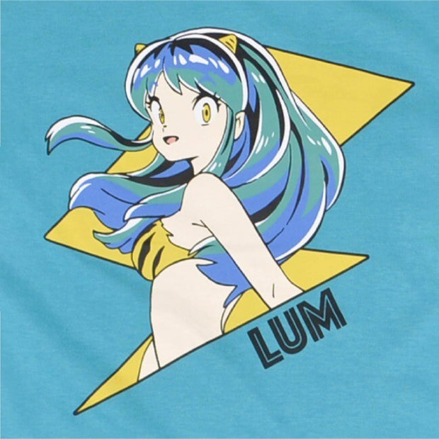 Teal blue t-shirt featuring a graphic of a lightning bold with "Lum" written under it. Coming out of the borders of the lightning bolt is Lum from Urusei Yatsura, smiling and looking back over her shoulders. 