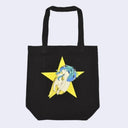 Black tote bag featuring a graphic of Lum from Urusei Yatsura, a human like girl with tiger striped bikini top, bikini bottom and boots. Her hair is blue and she is laying, with a yellow star behind her.