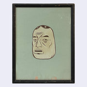 Painting on sage green background of a floating head, done in a stylistic cartoon fashion. The face has an open mouth stunned expression, and has little hair.