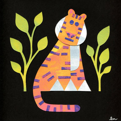 Colorful tiger illustration with green leaves on a black background, made out of cut paper.