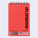 A red spiral-bound notepad with black text reading 'm.memo' and lined writing space on a light gray background.