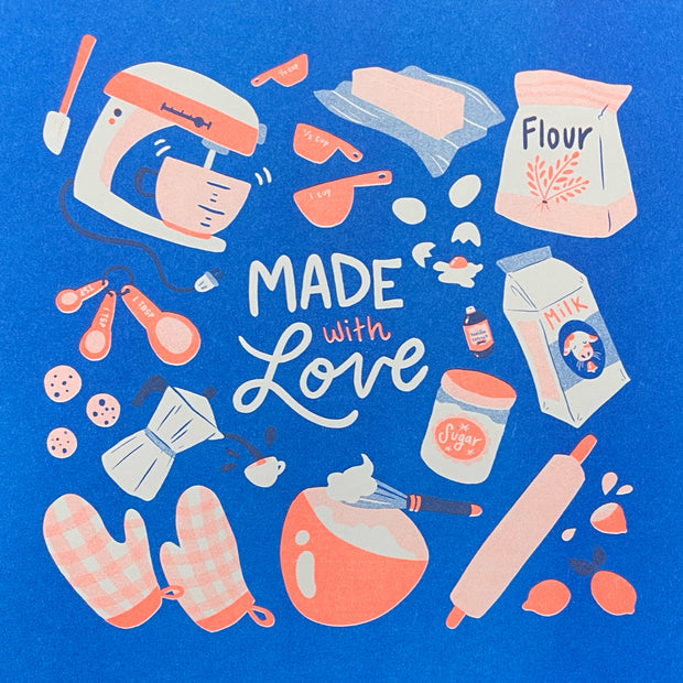 Blue and orange risograph print of various baking ingredients, with text in the center reading "made with love."