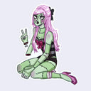 Sticker of a cartoon zombie girl character with green skin, pink hair, and striped outfit on a light purple background