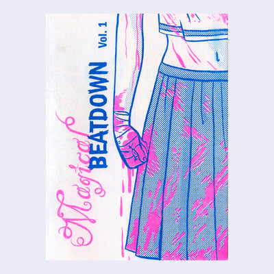 Blue and pink ink booklet cover of a girl, seen only at the waist, wearing a school uniform with a balled fist, dripping blood with bandage wrapping. Title is written stylistically on the side.