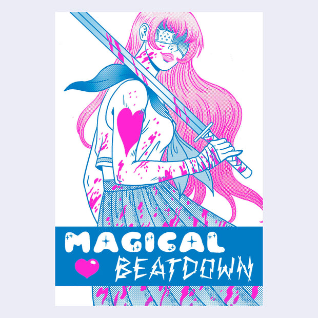 Blue and pink illustration of a girl with long pink hair dressed in a school uniform, with blood splattered all over her. She holds a sword and smiles.