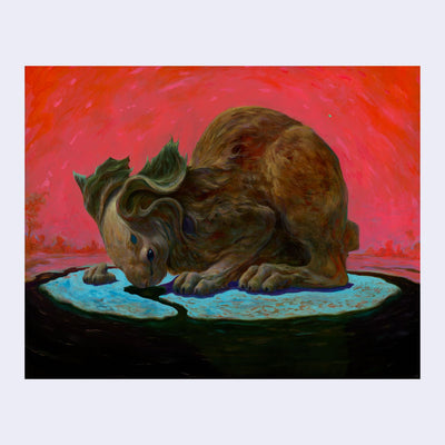 Highly rendered oil painting on a bright reddish orange background. A brown, furry creature akin to a hare or a dog stands, crouched over into itself, atop of a flat cracked blue surface.