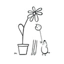 Black ink drawing on white paper of a man, partially drawn sniffing a large potted flower. A small dog sits and does the same.