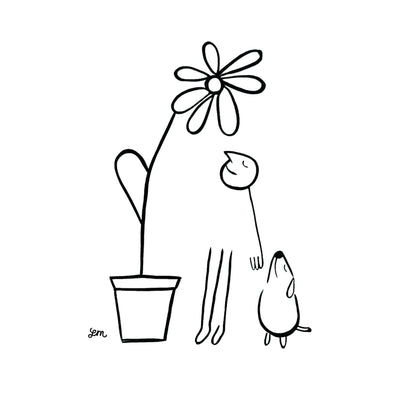Black ink drawing on white paper of a man, partially drawn sniffing a large potted flower. A small dog sits and does the same.