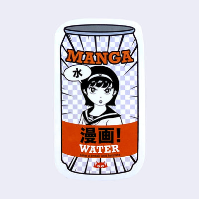 Die cut sticker shaped like a white and grey checker patterned soda can, reading "manga water" featuring a graphic of an angry manga style girl. Below water reads "take a break and hydrate"