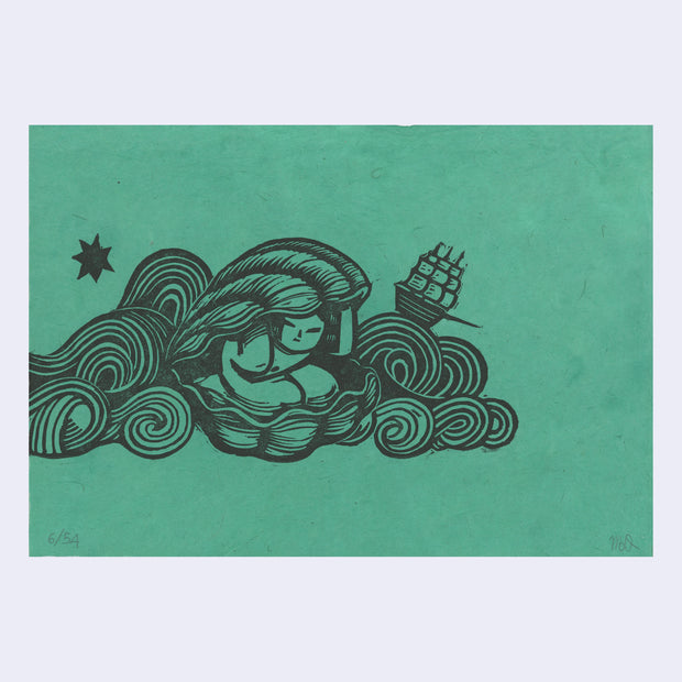 Black ink linocut print on teal colored paper of a small girl, sitting within a slightly opened clam shell. Waves with swirling, graphic lines surround her and a small boat sits atop one of the rolling waves.