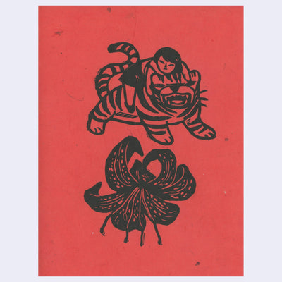 Black ink print on red paper, of a small girl riding atop of a tiger with an open mouth. Below them is a large lily flower.
