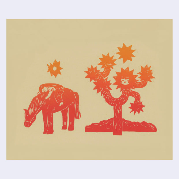 Gradient roll (orange to reddish pink) print on tan paper of 2 separate graphics. One is of a girl laying atop of a horse under the sun. The other is of a saguaro cactus with abstract blooms, one of them being a girl's face.