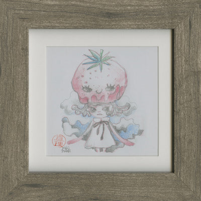 Illustration of a stylistic cartoon style girl, with large facial features and wavy hair. She wears a white dress with a black bow and has a large strawberry atop her head with a mischievous look. Piece if matted and framed in a thick wooden frame.