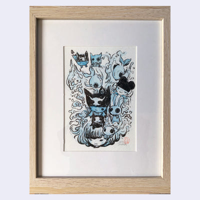 Ink drawing in matted wooden frame, of a small girl's head with hair that transforms into water. All around her head are small cute characters or fish like creatures, interacting with the water.