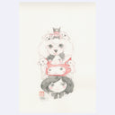 A whimsical watercolor illustration on textured off-white paper, depicting a stack of cute cartoon-style figures including a fluffy white dog, a girl with dark hair, a red character head, and small white animals. A red artist seal and signature appear at the bottom left of the artwork.
