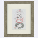 A whimsical watercolor illustration on textured off-white paper, depicting a stack of cute cartoon-style figures including a fluffy white dog, a girl with dark hair, a red character head, and small white animals. A red artist seal and signature appear at the bottom left of the artwork.