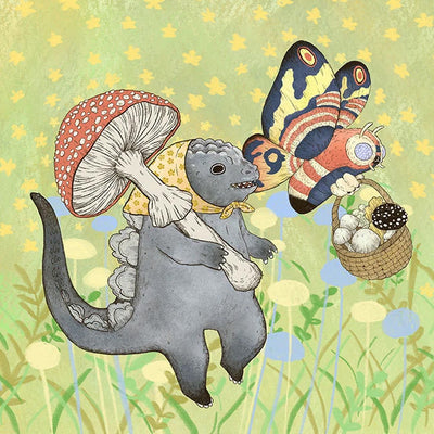 Illustration of a cute gray Godzilla character, walking with a large red mushroom like an umbrella. He walks alongside Mothra with a basket of mushrooms.