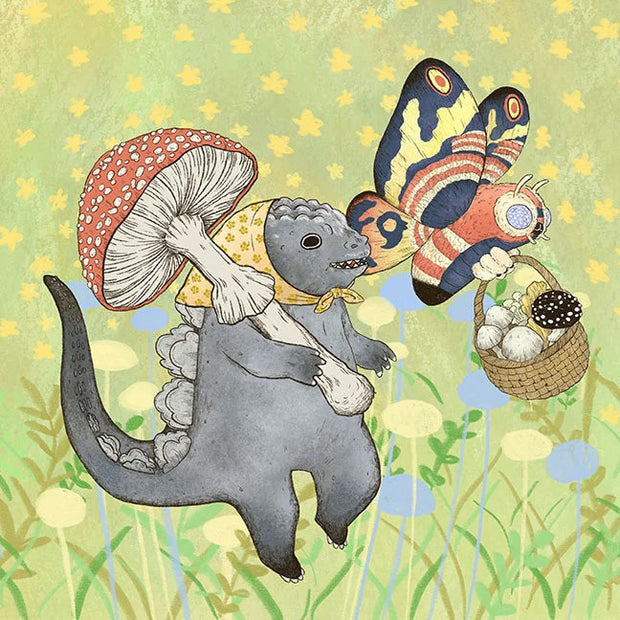 Illustration of a cute gray Godzilla character, walking with a large red mushroom like an umbrella. He walks alongside Mothra with a basket of mushrooms.