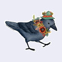 Die cut sticker of a black corvid, standing with one leg slightly raised as if taking a step. Around its neck is a fall colored floral wreath and atop its head is a small green hat with orange embellishment and fllowers.