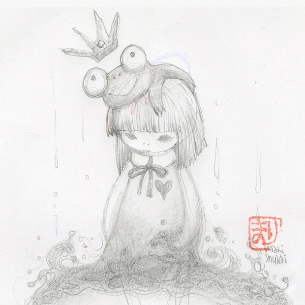 Soft pencil drawing of a small girl wearing a collared dress standing in a pool of splashing water. Atop her head rests a smiling cartoon frog with a crown floating above it.