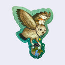 Die cut sticker of an illustrated brown owl, flying with a small white mouse riding atop its head. The owl holds a basket with leaves and mushrooms in its claws.